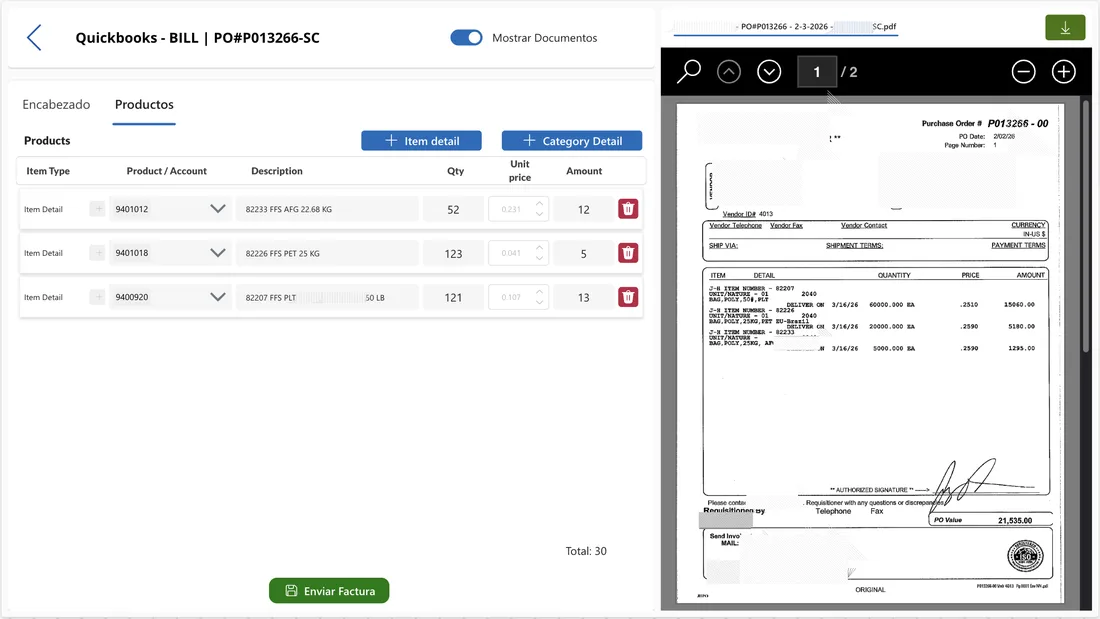 Facturación automática con Quickbooks, AI Builder y sincronización SAP